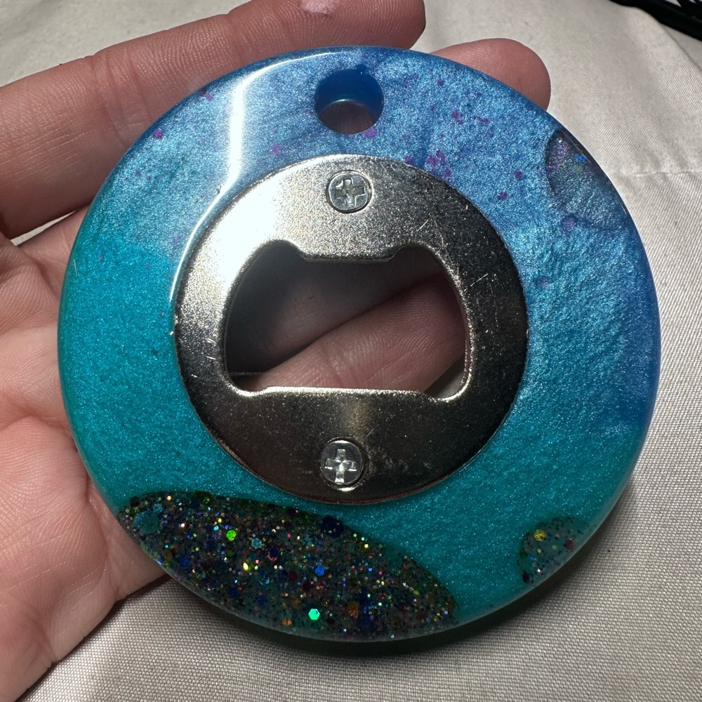 Metallic blue and teal geode keychain Bottle Opener